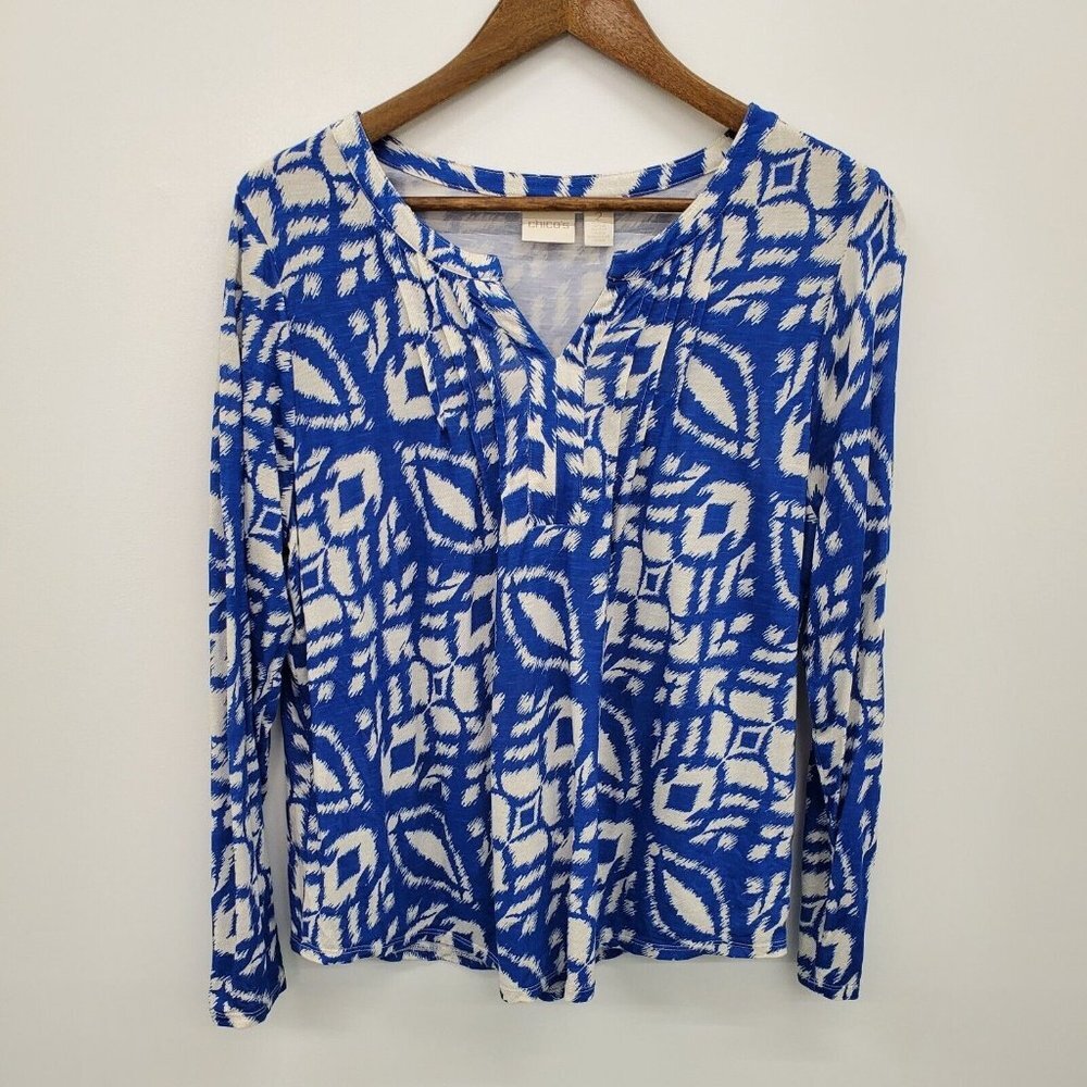 Chico's Womens Blue White Floral Long Sleeve Blouse Top Size 2 (L) Pleated